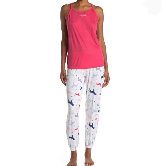 Pj Couture Best Friend Dog Print PJ Set Sleeveless Top Pants Dark Rose L NWT - Picture 3 of 9